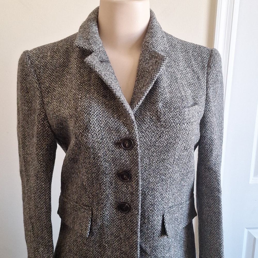 Vintage Harris Tweed Longline Trench Coat Gray Herringbone Handwoven Wool Size M - Picture 7 of 13